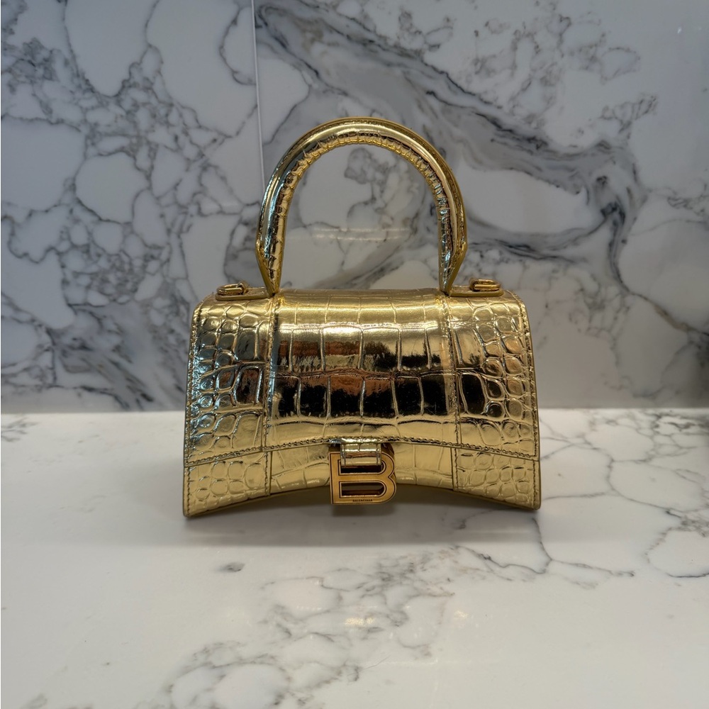 Balenciaga hourglass Gold Crocodile Embossed Handbag